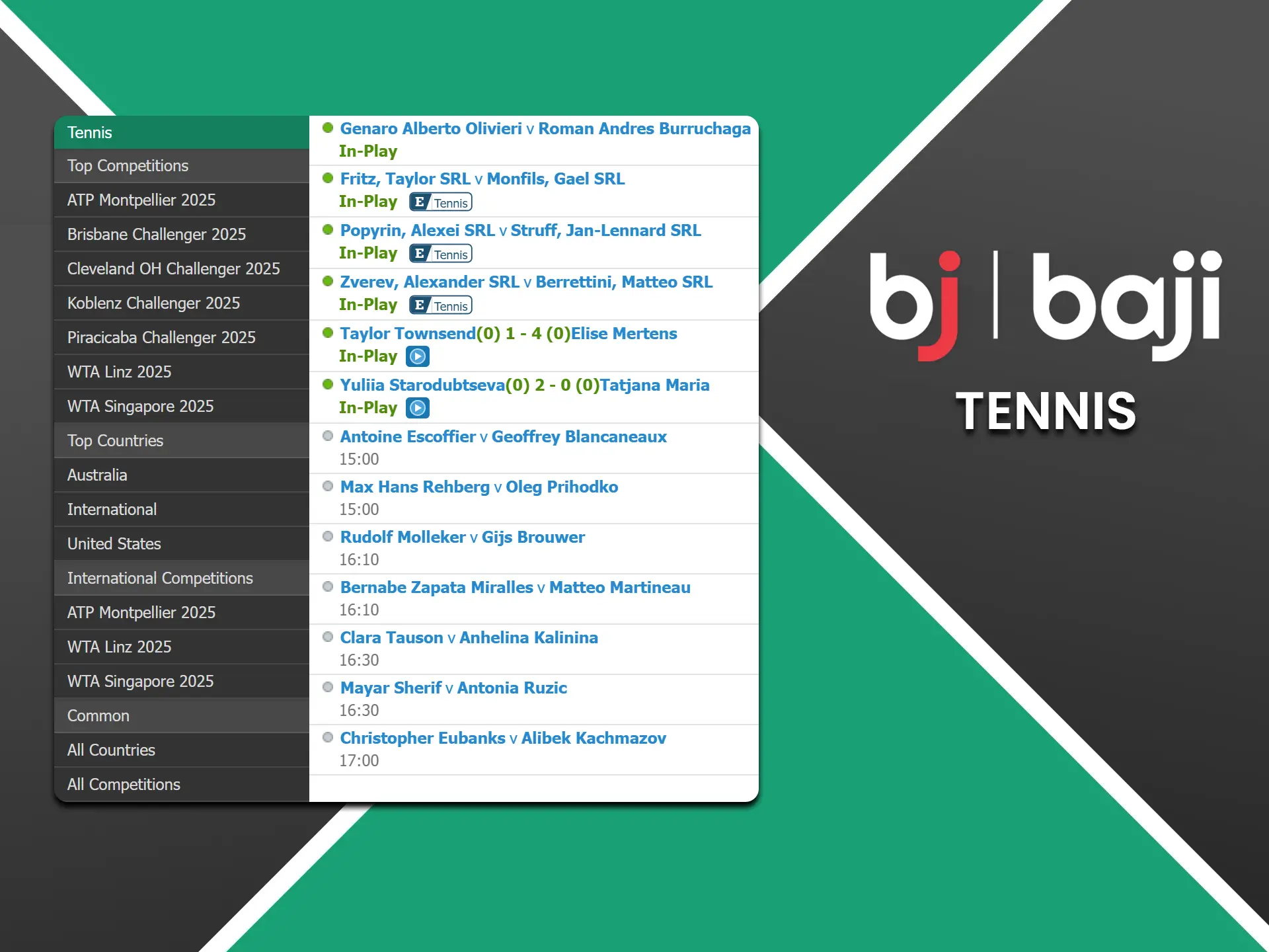 At Baji you can bet on all tennis tournaments.